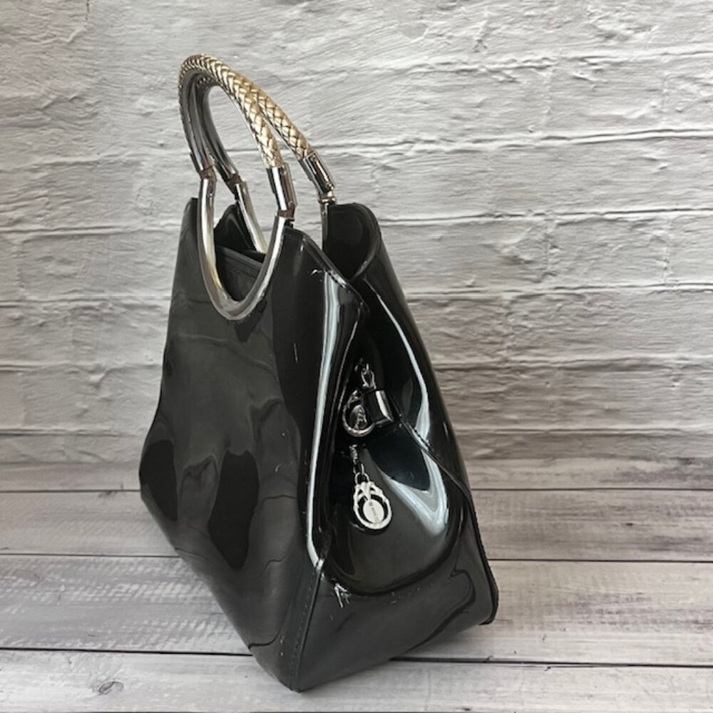 A.L.BENI- Black Patent Handbag with Braided Handles